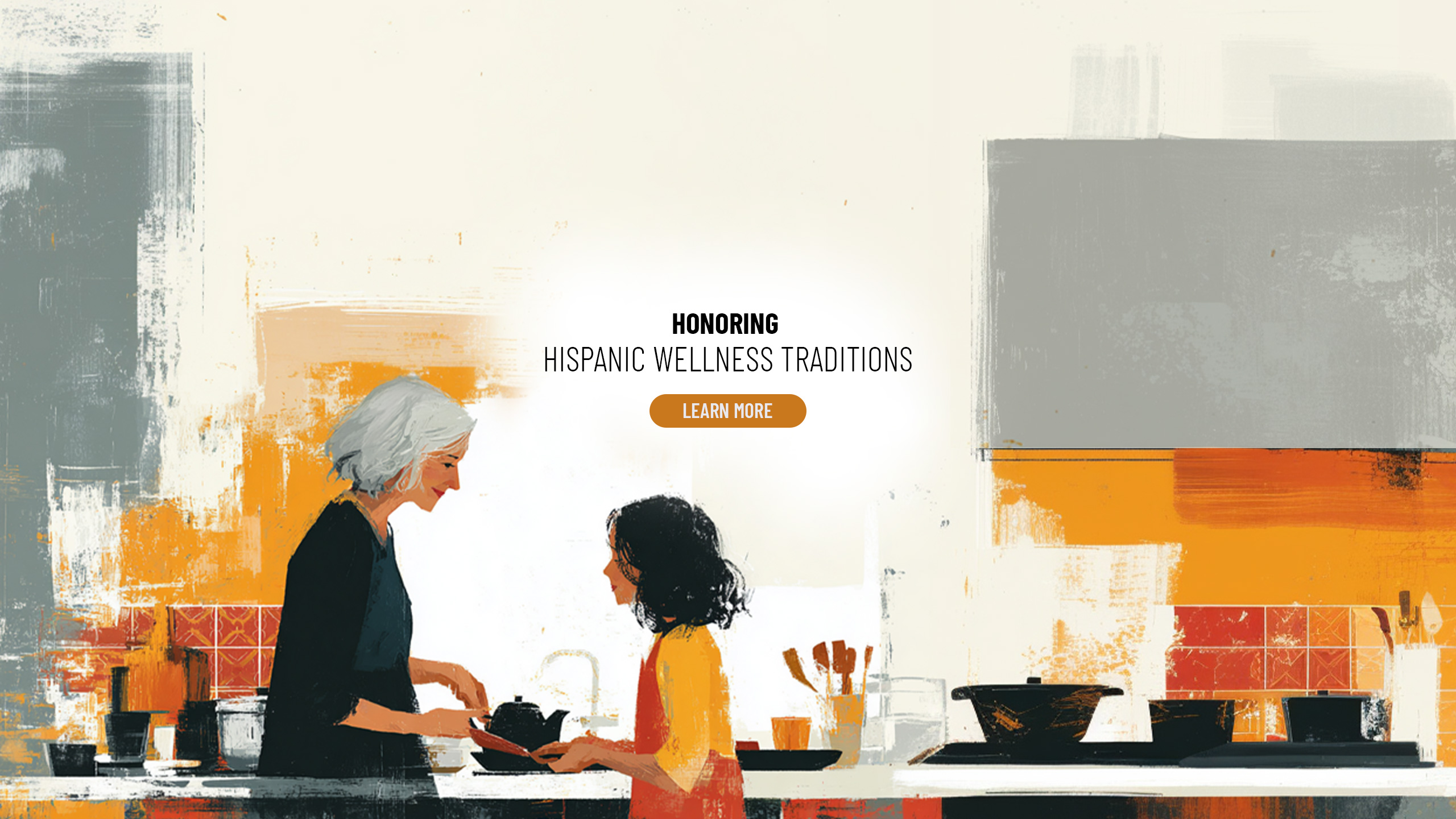 Hispanic grandmother or abuela making chamomile tea for her granddaughter who is happily accepting the home remedy symbolizing hispanic culture in wellness. 